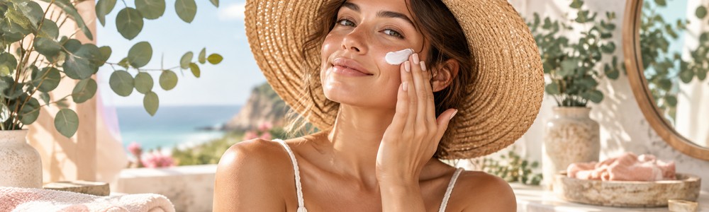 Woman applying sunscreen as part of a summer skincare routine