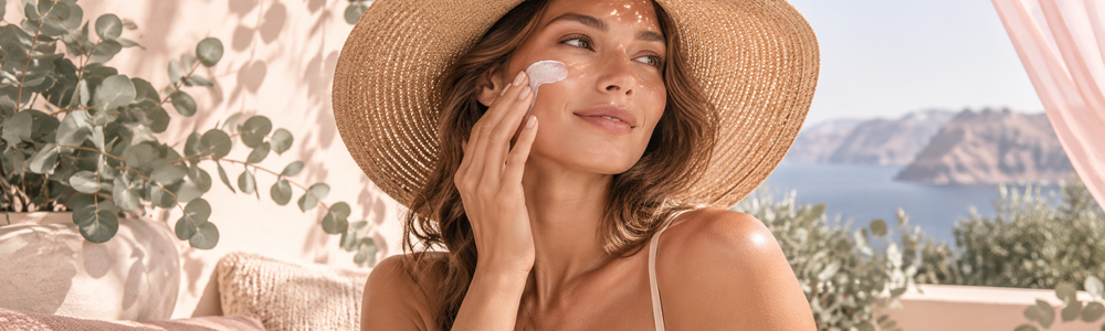 Woman applying sunscreen beneath a wide-brim hat