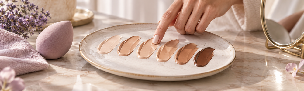 Inclusive tinted CC cream shade swatches on a ceramic palette