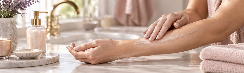 Fine shimmer lotion blended evenly over the forearm