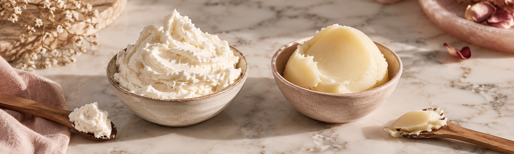 Airy whipped body butter and dense traditional body butter textures