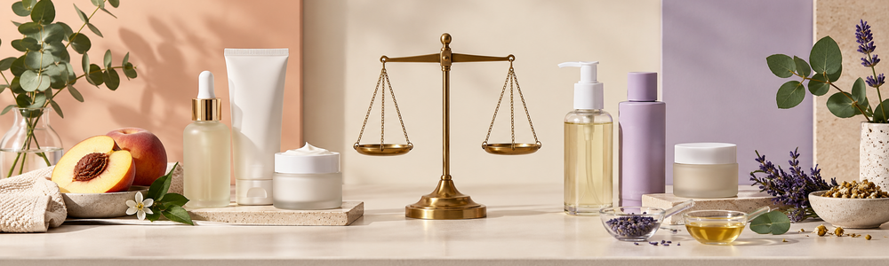 Unlabeled skincare products and botanicals arranged around a balance scale