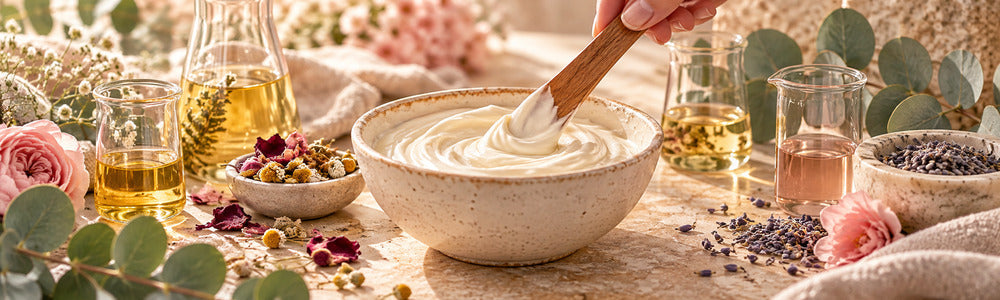 Small-batch botanical skincare being mixed by hand