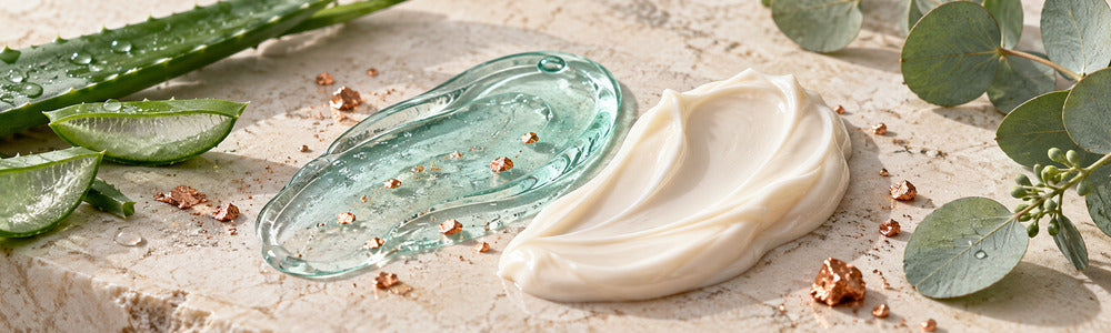 Copper-toned serum and cream textures with aloe in a skincare still life