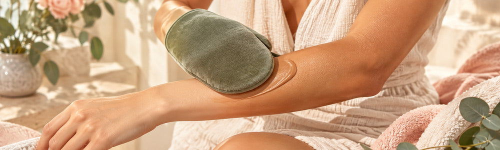 Self-tanner applied evenly with a soft mitt in a spa setting