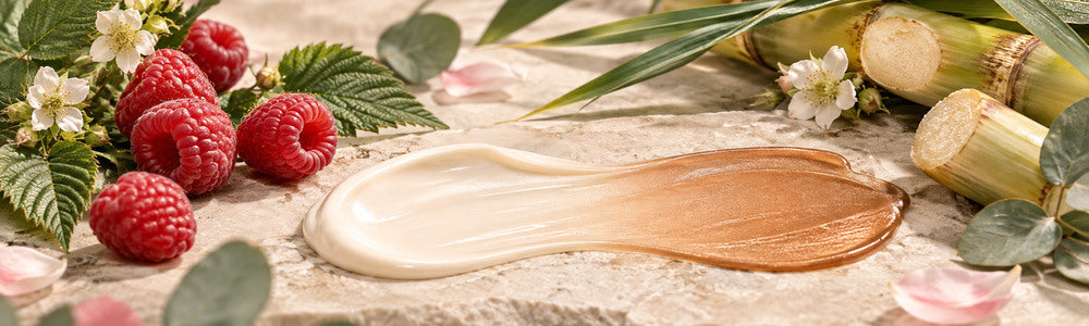 DHA-free tanning textures with raspberry and sugarcane
