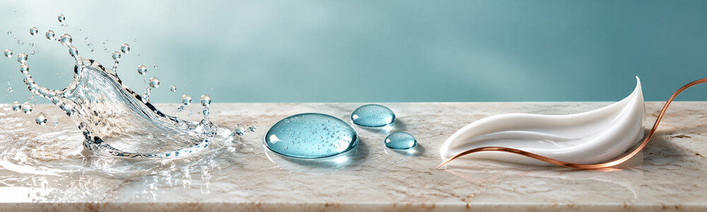 Cleanser, copper peptide serum and moisturizer textures arranged in layering order
