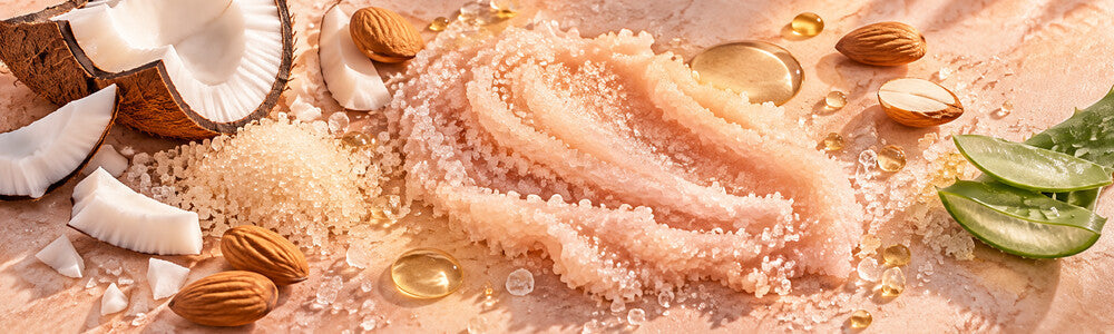 Sugar body scrub texture with coconut, almond, aloe and plant oils