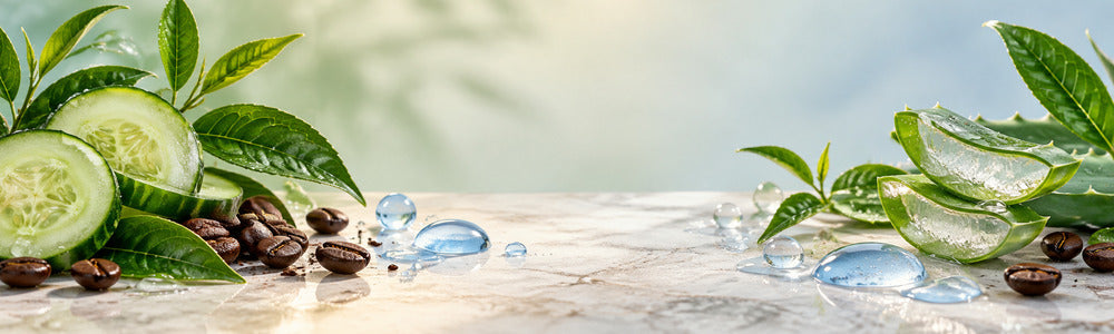 Under-eye care ingredients with cucumber, aloe, green tea, caffeine and serum droplets