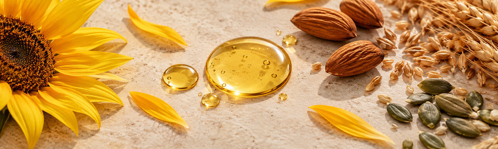 Vitamin E-rich botanicals with sunflower, almond, wheat germ, pumpkin seeds and oil droplets