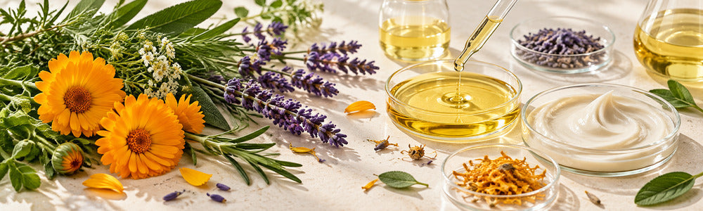 Organic skincare botanicals beside plant oils and a finished cream formulation