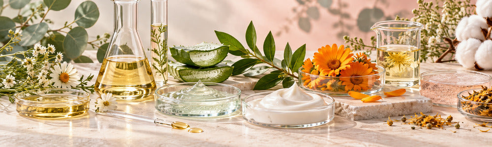 Clean beauty botanicals, plant oils, cream textures and formulation glassware