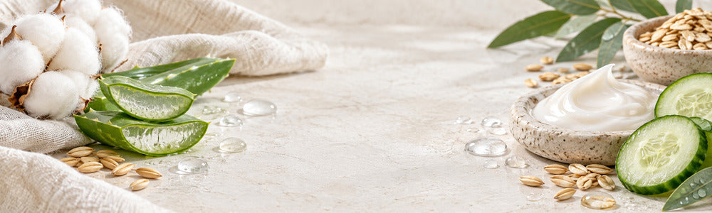 Fragrance-free skincare ingredients with cotton, aloe, oats, cucumber and cream
