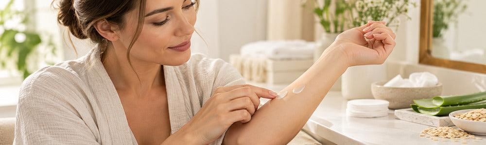 Woman patch testing two small skincare swatches on her inner forearm