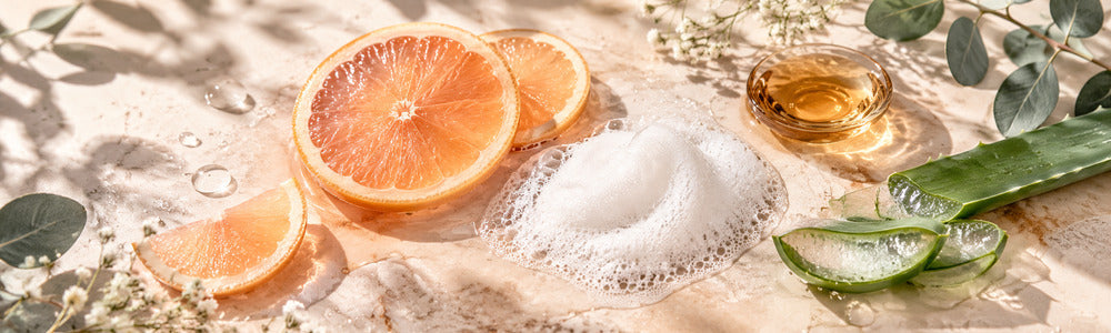 Vitamin C cleanser foam with citrus, aloe and eucalyptus in a warm botanical setting