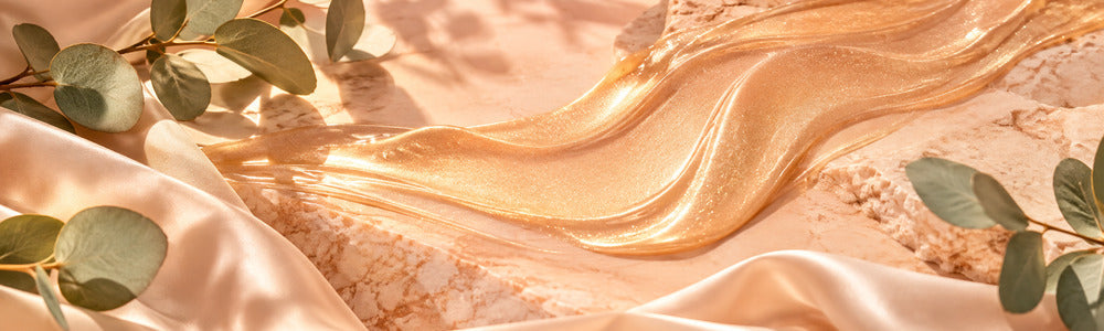 Golden shimmer lotion texture with eucalyptus and peach silk