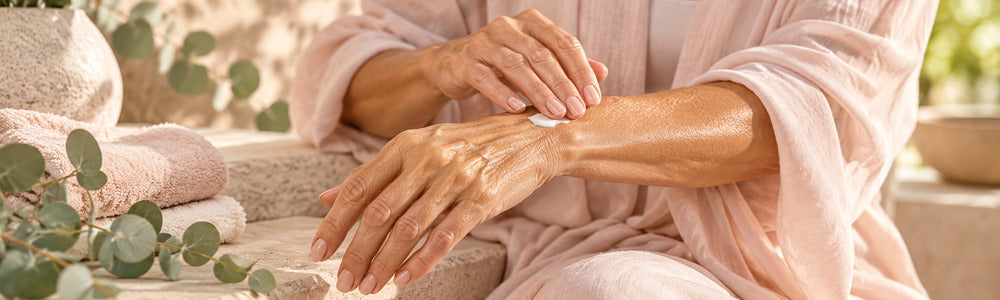 Older woman moisturizing her forearm in a calm spa setting