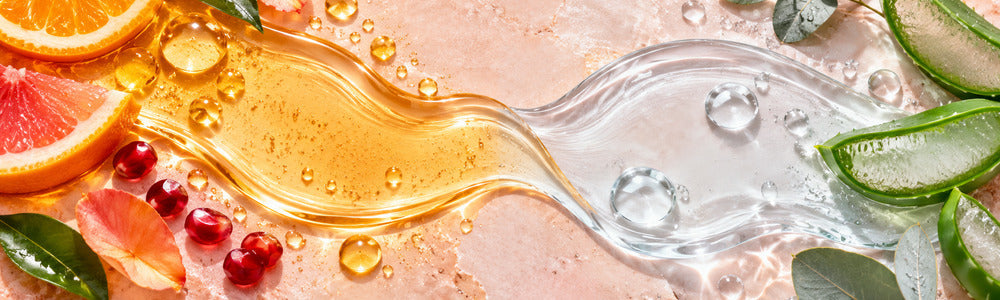 Golden vitamin C and clear hyaluronic serum textures with citrus, aloe and water droplets