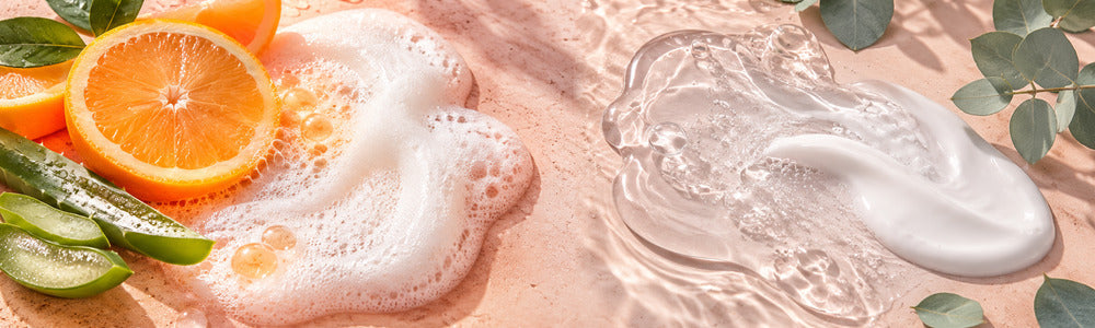 Vitamin C cleansing foam beside clear and cream cleanser textures