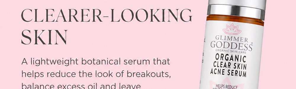 Glimmer Goddess Organic Clear Skin Acne Serum in a branded BHA skincare guide banner.