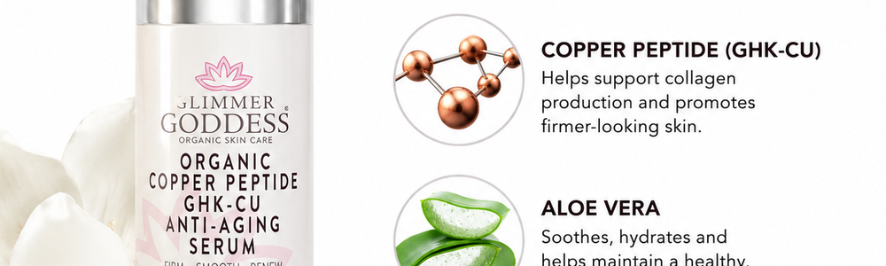 Glimmer Goddess Organic Copper Peptide GHK-Cu Serum featured in an evidence-based guide to copper peptides in skincare.