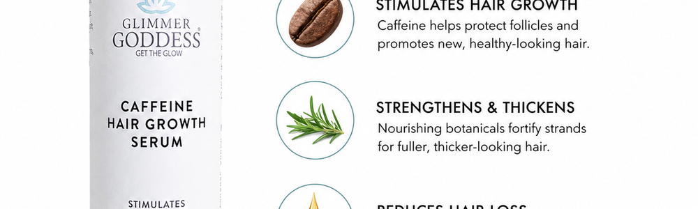 Glimmer Goddess Organic Caffeine Hair Growth Serum featured in a guide to leave-on scalp care.