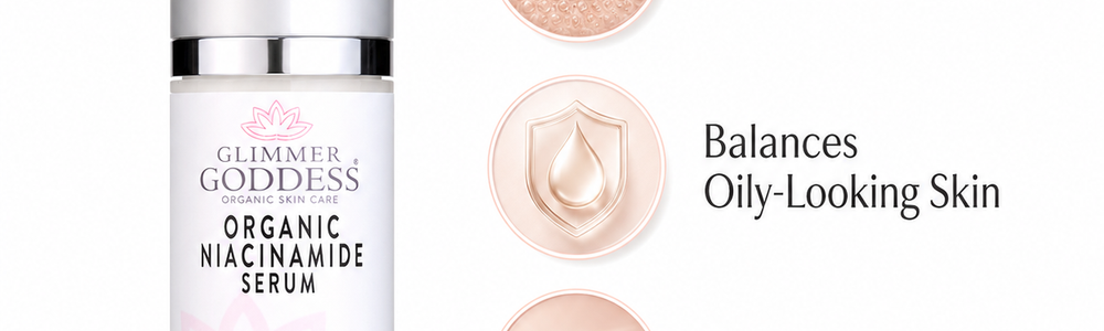 Glimmer Goddess Organic Niacinamide Serum 5% featured in a guide to wrinkles, texture and pores.