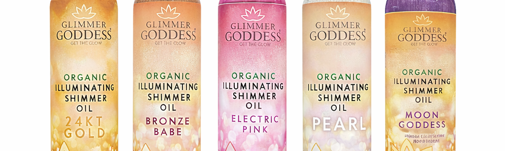 Glimmer Goddess Organic Shimmer Body Oil featured in a guide showing where to apply shimmer for a natural-looking body glow.