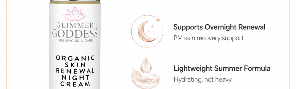 Glimmer Goddess Organic Skin Renewal Night Cream featured in a guide comparing face cream and moisturizer textures.