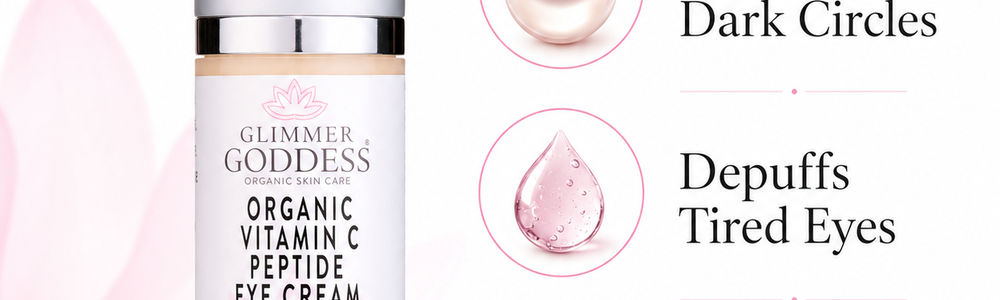 Glimmer Goddess Vitamin C Eye Serum featured in a guide to dark under-eye circles and realistic skincare results.