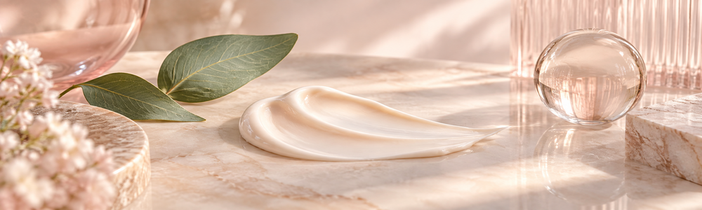 Moisturizing anti-wrinkle cream texture in a soft Glimmer Goddess botanical spa setting
