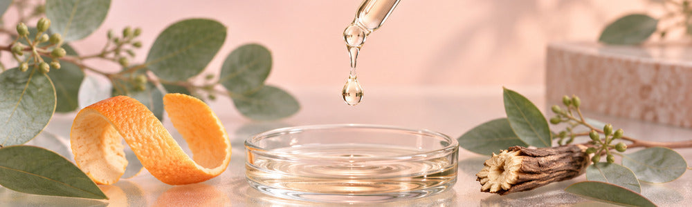 Serum dropper, citrus peel, licorice root, and eucalyptus in a soft peach skincare still life
