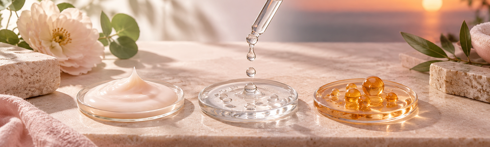 Skincare textures representing peptides, niacinamide, and Vitamin A