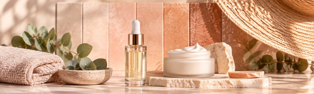 Sunscreen and serum beside an inclusive skin-tone palette