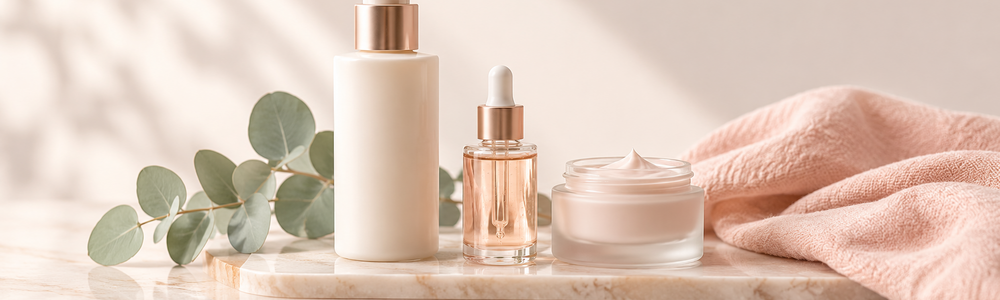 Minimal three-step skincare routine with cleanser, serum, and moisturizer