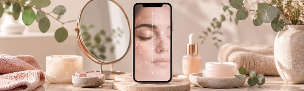 AI skin analysis concept with smartphone, mirror, and soft skincare still life