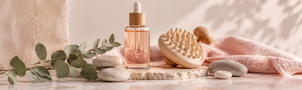 Body and scalp serum concept with dropper bottle and wooden scalp brush