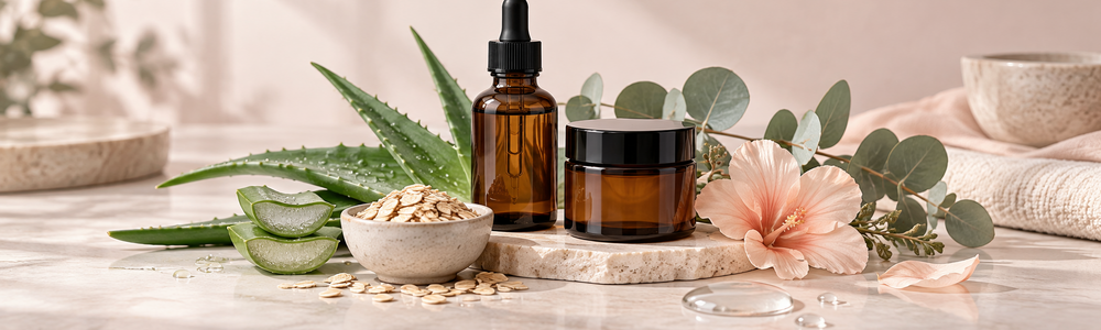 Organic skincare ingredient concept with aloe, oats, botanicals, and unlabeled amber vessels