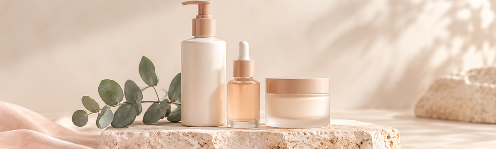 Minimalist skincare routine concept with three unlabeled essential products