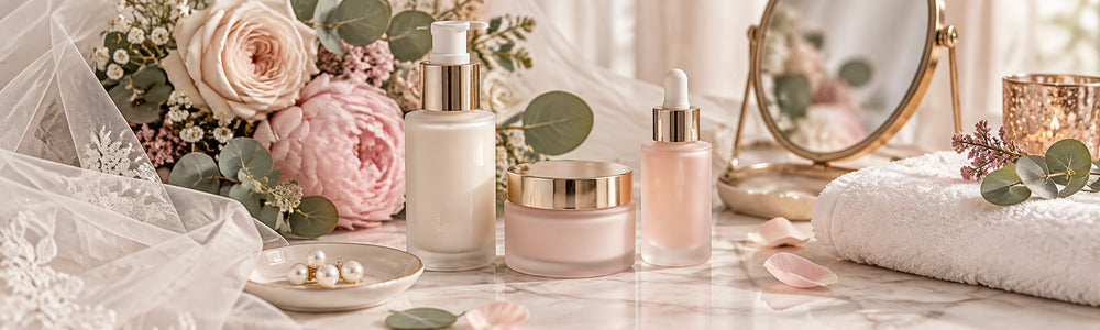 Bridal skincare planning with veil, flowers, and skincare
