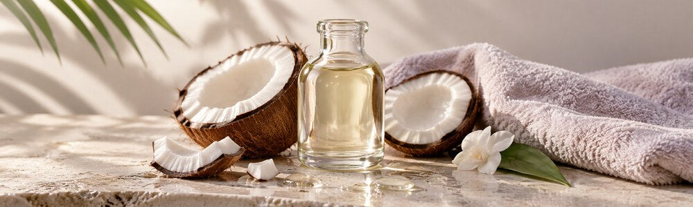 Coconut oil, coconut halves, and a soft towel