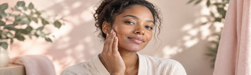 Woman gently touching her cheek in a calm botanical skincare setting