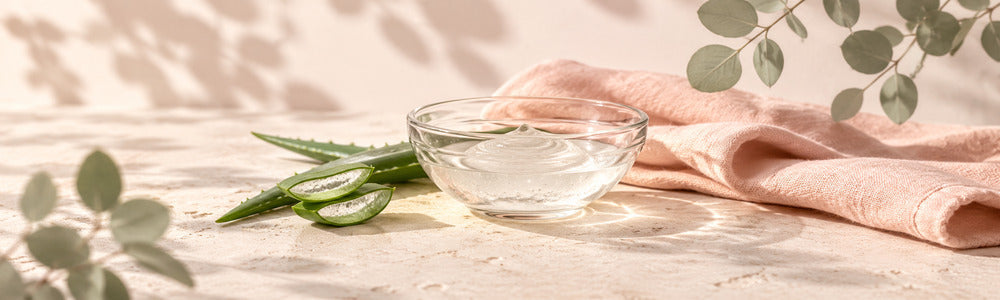Aloe and hydrating gel arranged with peach linen in a calm skincare scene
