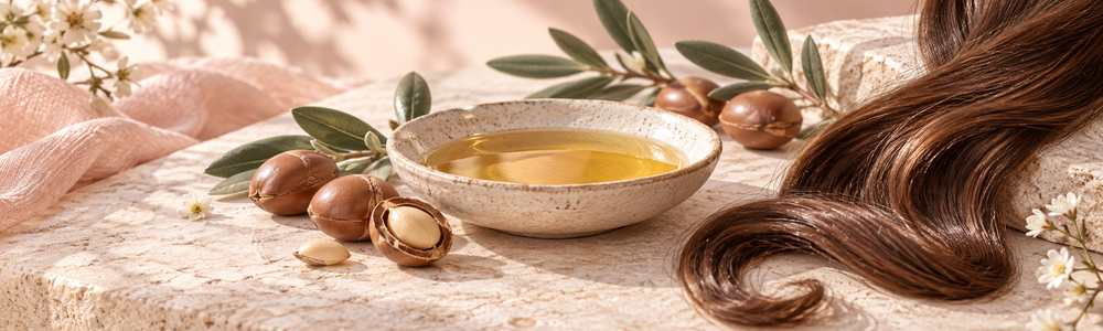 Argan oil, argan kernels and glossy hair in a warm botanical editorial