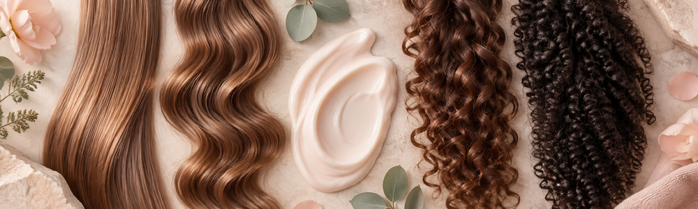 Straight, wavy, curly and coily hair textures beside conditioning cream