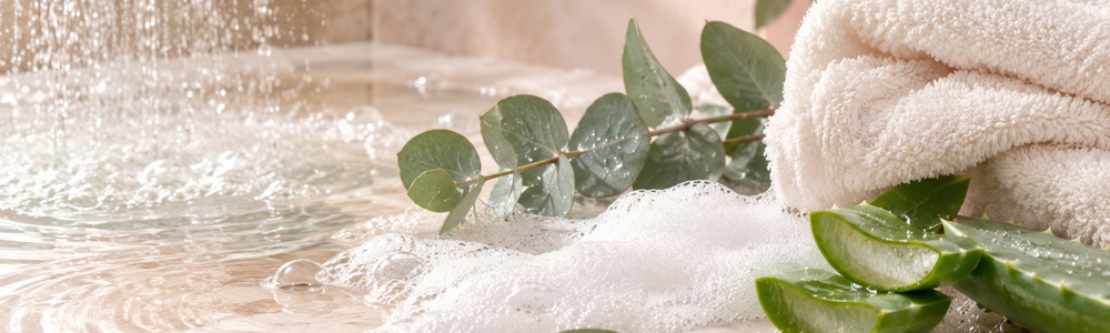 Gentle body wash foam, water, aloe and folded towels in a calm shower ritual