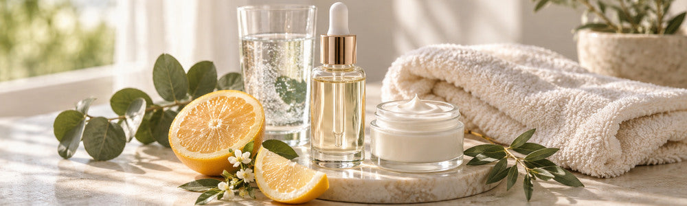 Unlabeled serum and moisturizer with water and botanicals for a balanced combination-skin routine