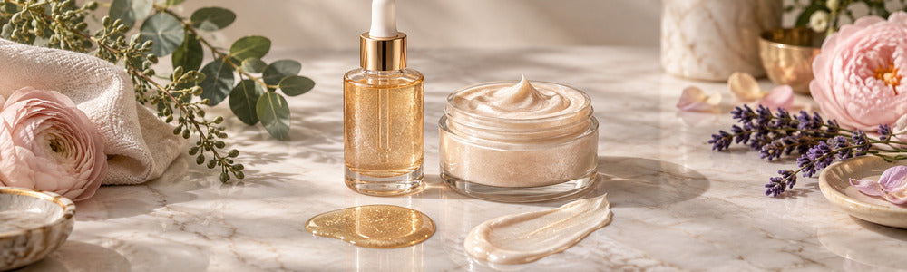 Shimmer body oil and body butter textures in warm gold tones