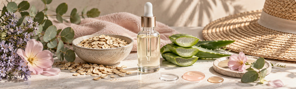 Gentle dark-spot care still life with aloe, oats, and an unlabeled serum