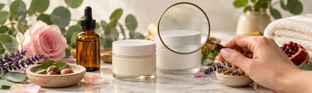 Magnifying glass inspecting plain skin care containers and serum